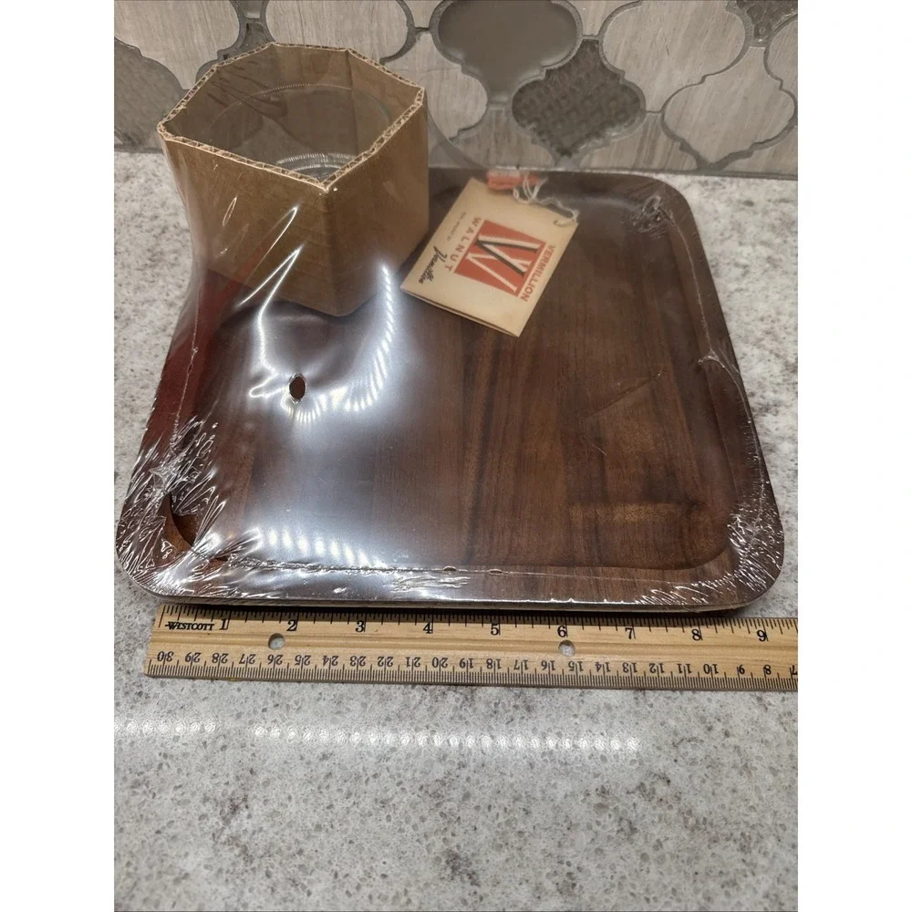 Mid-Century Vermillion Hors D'oeuvres Cracker and Dip Walnut Serving Tray W/Bowl